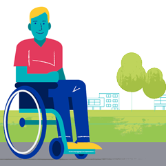 Drawing of a smiling man sitting in a wheelchair in a park