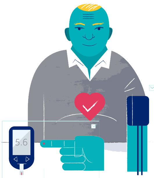 Drawing of a person having a blood pressure test, and a finger near a blood test device.