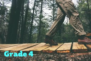 Photo of walker on a wooden bridge on a rough path.