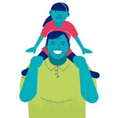 Drawing of a Father with daughter on his shoulders. Both are smiling.